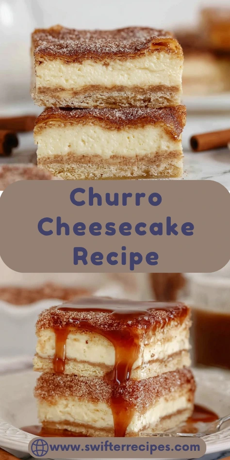 Stacked churro cheesecake slices with a cinnamon-sugar crust, creamy cheesecake filling, and caramel drizzle, served on a plate with cinnamon sticks in the background.
