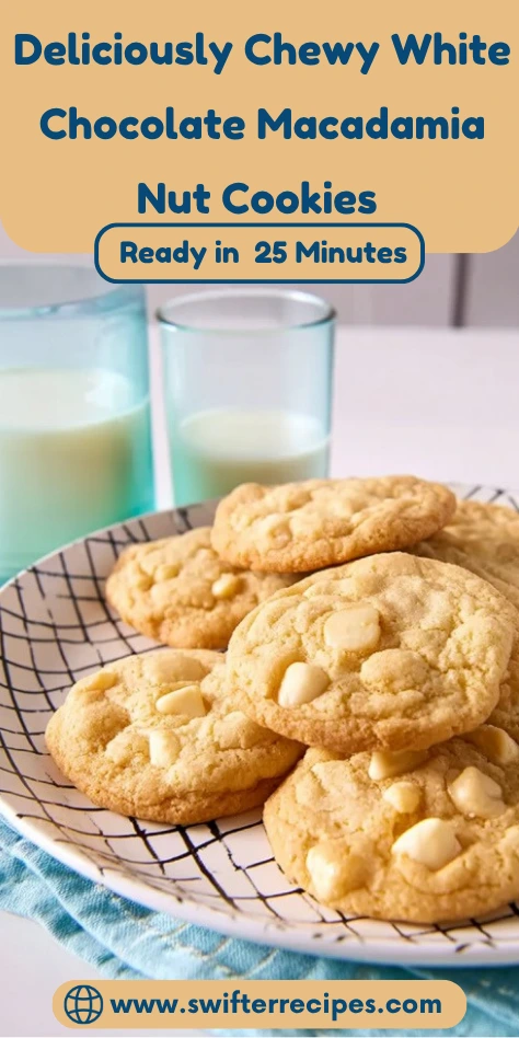 Pinterest pin for deliciously chewy white chocolate macadamia nut cookies ready in 25 minutes on cooling rack