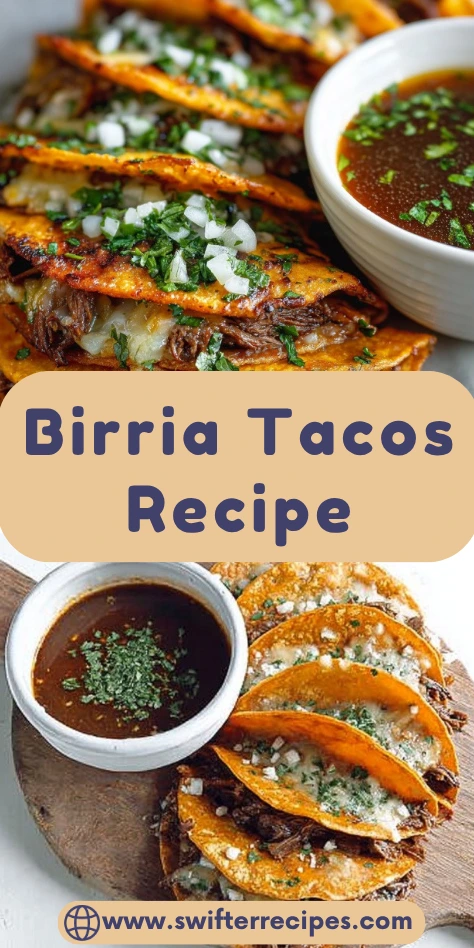 Birria Tacos with tender beef, cheese, cilantro, and onions, served with a flavorful dipping sauce.