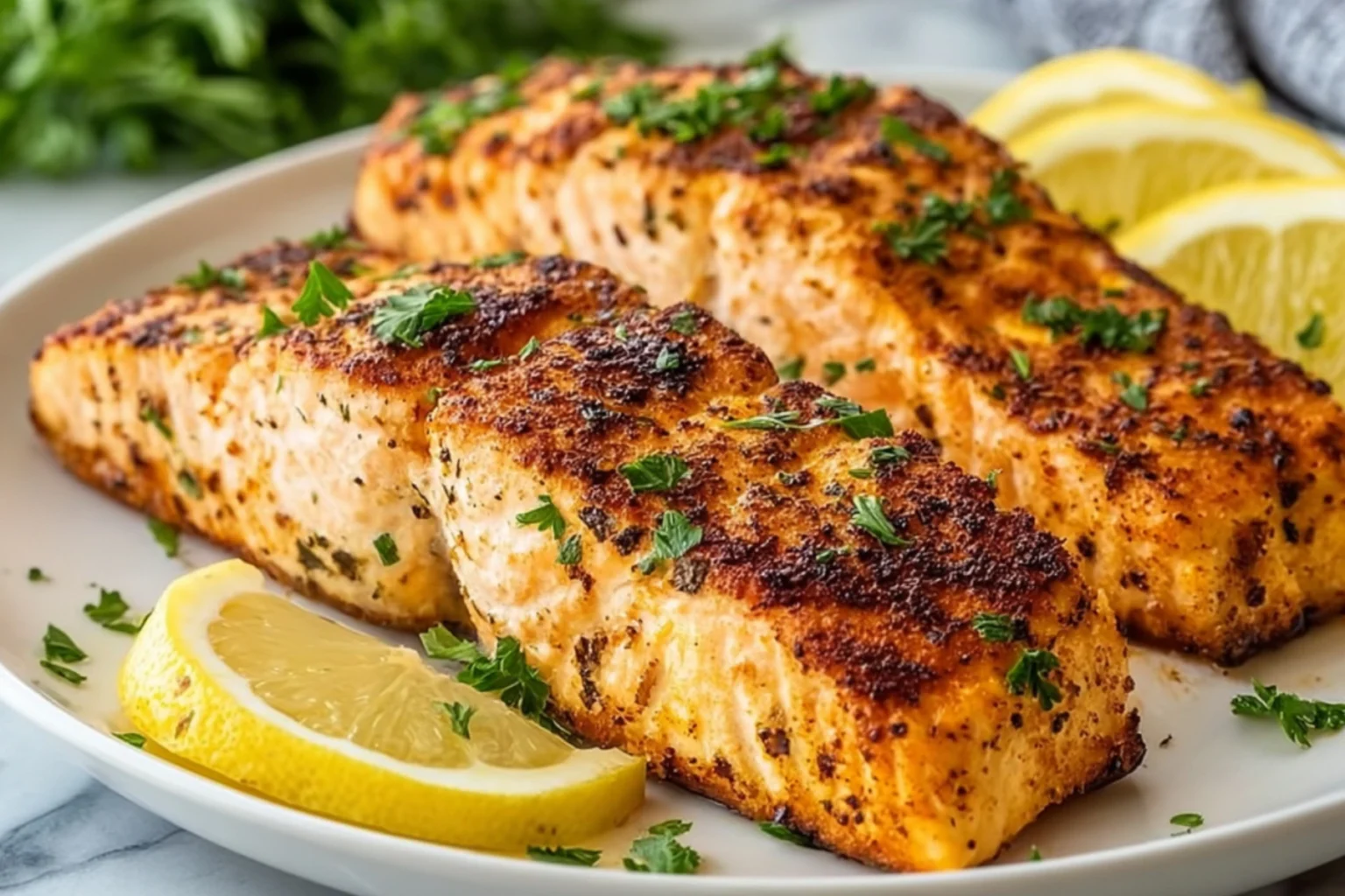 Air Fryer Salmon with Crispy Seasoned Crust and Fresh Lemon