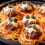 Spaghetti with Cheese Stuffed Meatballs and Spooky Toppings