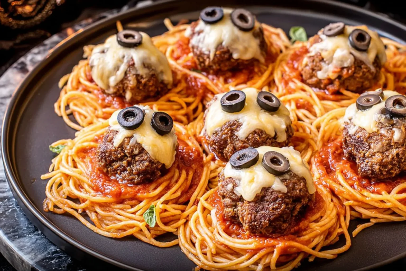 Spaghetti with Cheese Stuffed Meatballs and Spooky Toppings