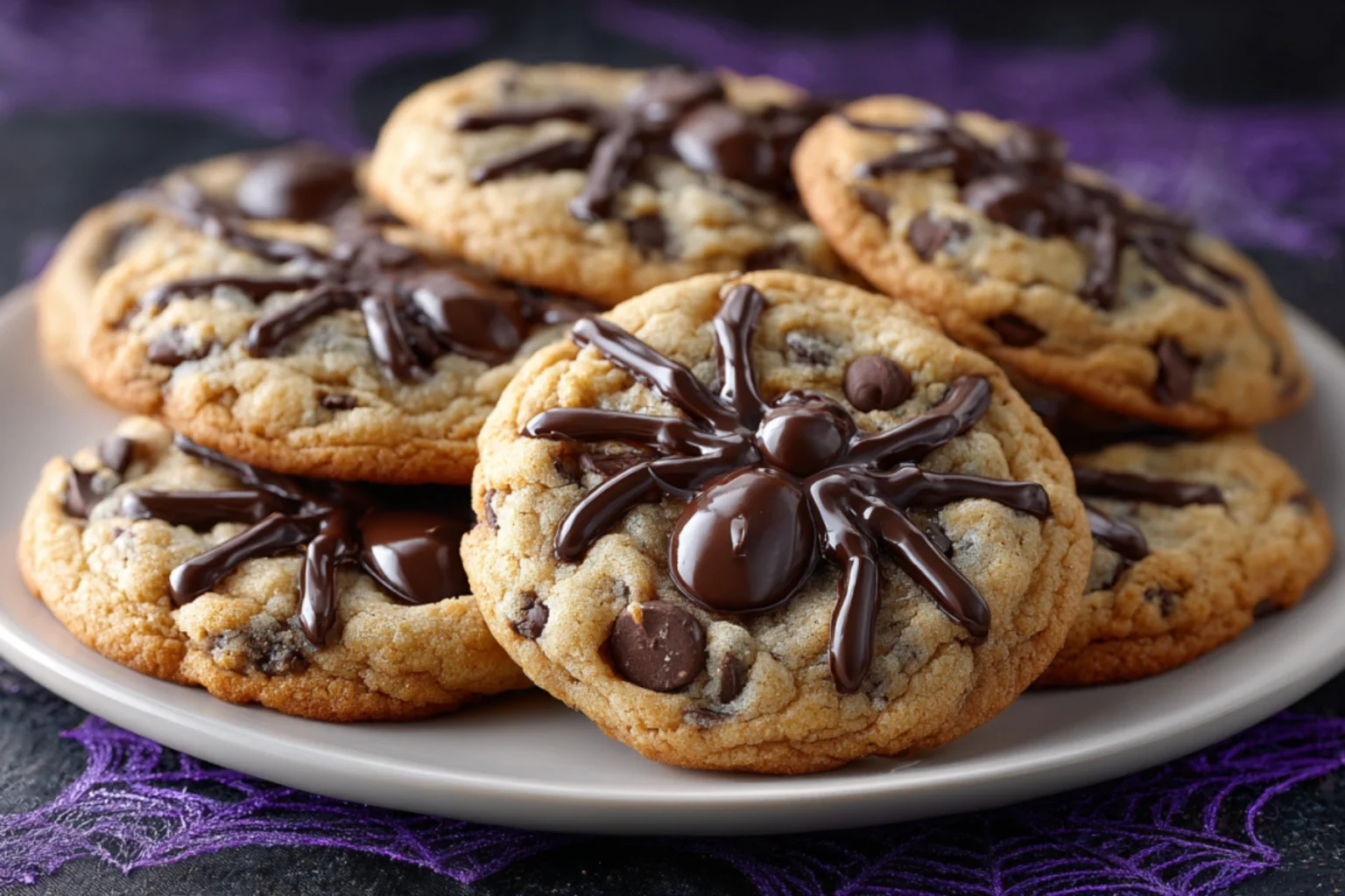 Spider Chocolate Crinkle Cookies decorated with chocolate spider designs, perfect for Halloween.