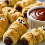 Halloween sausage mummy wraps with puff pastry and googly eyes, served with ketchup.