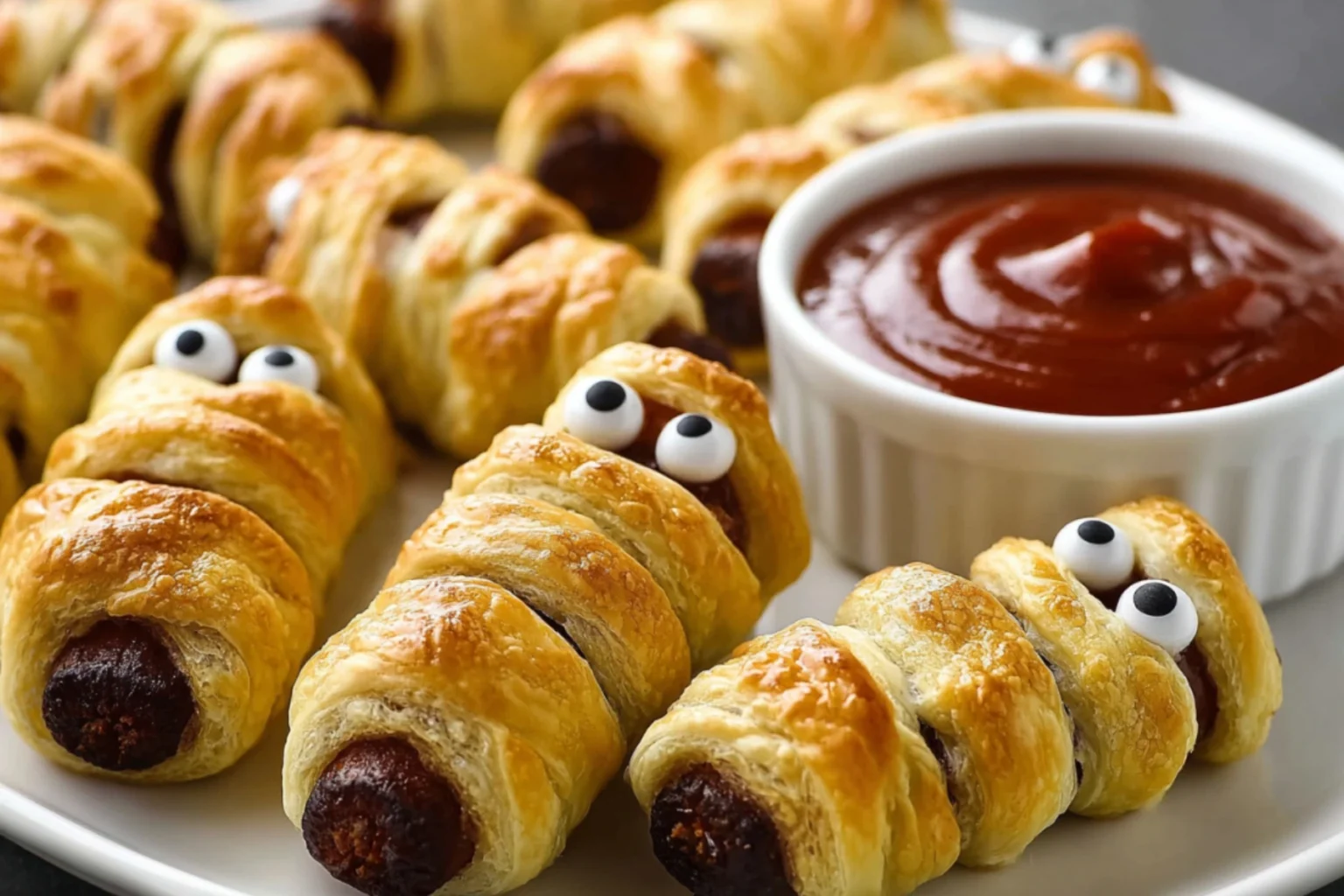 Halloween sausage mummy wraps with puff pastry and googly eyes, served with ketchup.
