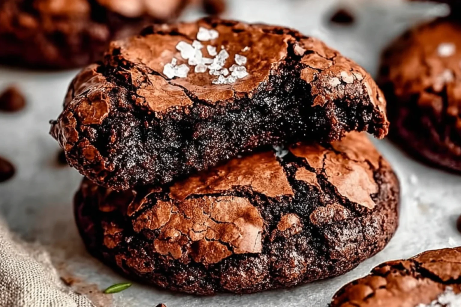 Close-up of fudgy chewy brookies with flaky sea salt on top, showing gooey chocolate center perfect for Christmas treats