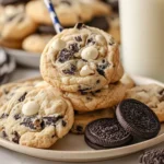 Soft and chewy cookies and cream cookies loaded with crushed Oreos and white chocolate chips on a plate with milk