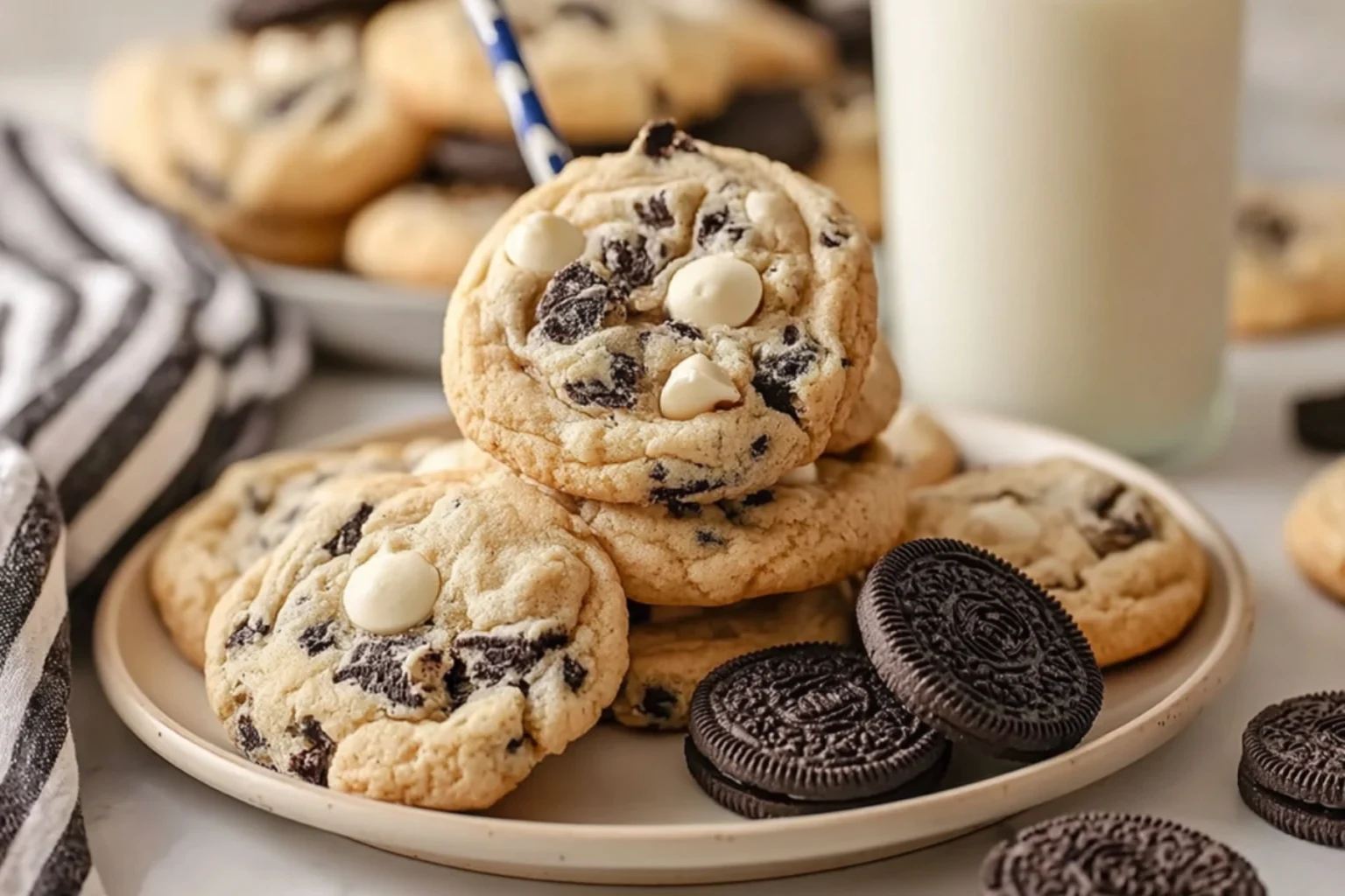 Soft and chewy cookies and cream cookies loaded with crushed Oreos and white chocolate chips on a plate with milk