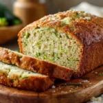Delicious homemade Zucchini Banana Bread with a golden crust and moist interior, showcasing green zucchini slices.