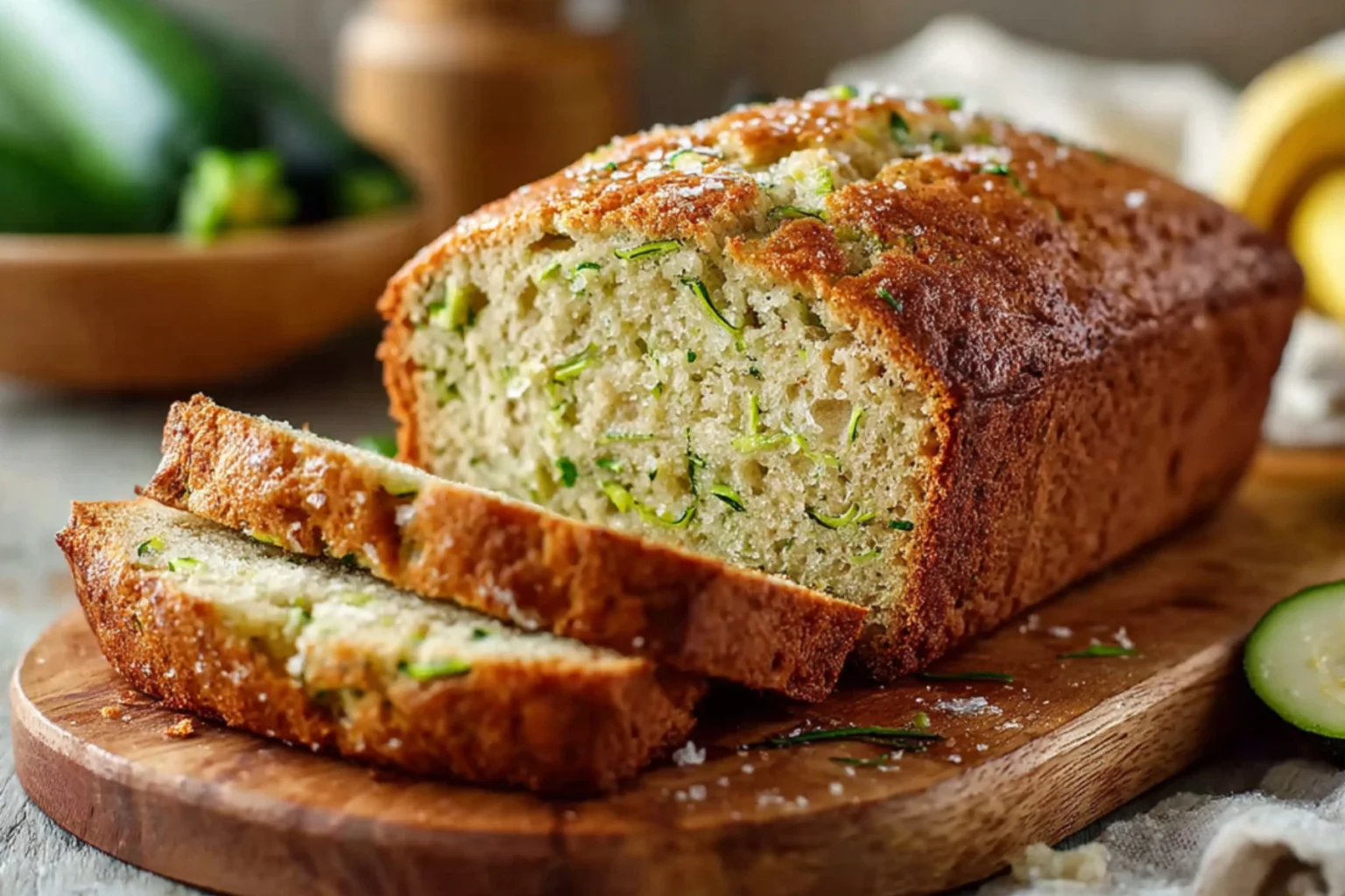 Delicious homemade Zucchini Banana Bread with a golden crust and moist interior, showcasing green zucchini slices.
