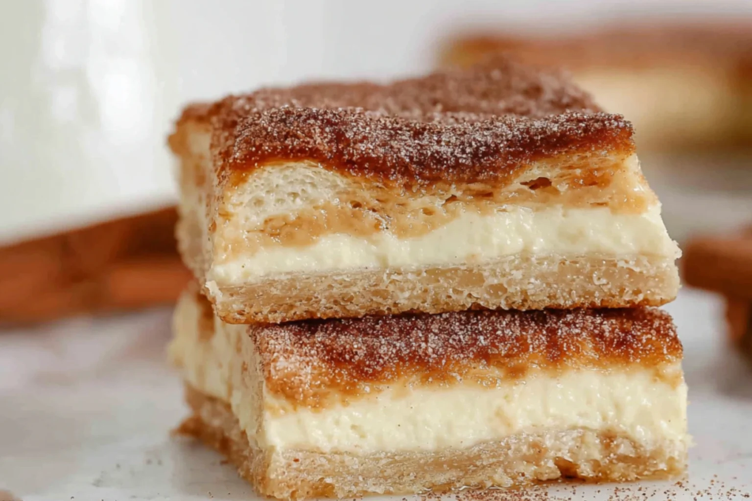 Churro Cheesecake slices with a golden cinnamon-sugar crust and creamy cheesecake filling, stacked on a plate, perfect for dessert lovers.