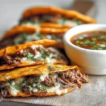 Birria tacos with tender shredded beef, melted cheese, and a side of flavorful dipping sauce.