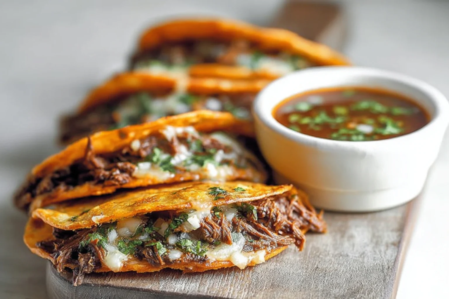 Birria tacos with tender shredded beef, melted cheese, and a side of flavorful dipping sauce.