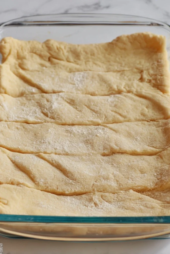 Unrolled crescent dough sprinkled with flour, forming the base layer of a delicious churro cheesecake in a glass baking dish.