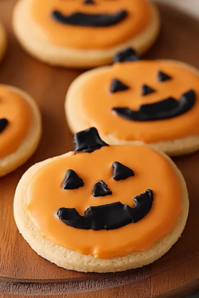Orange sugar cookie pumpkins with black chocolate jack-o-lantern faces and stems on wooden cutting board - easy no-bake Halloween treats recipe