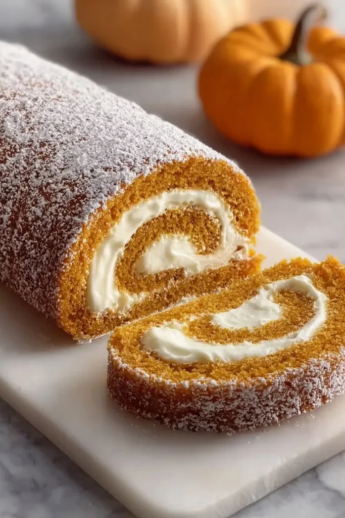 Sliced pumpkin roll cake with a creamy cream cheese filling, dusted with powdered sugar, and garnished with small pumpkins.