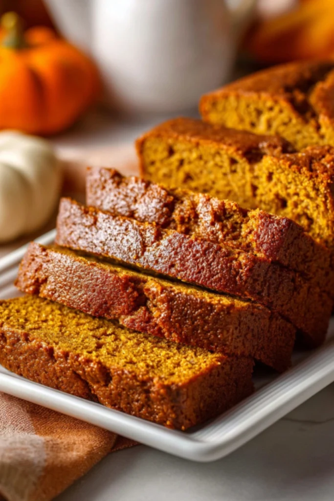 Sliced Classic Pumpkin Bread on a Plate with Fall Decor