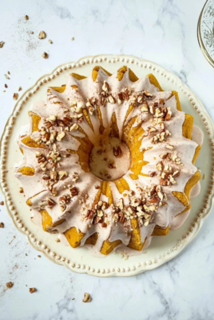 Overhead view of a homemade pumpkin spice bundt cake topped with creamy cinnamon glaze and chopped pecans on a decorative plate