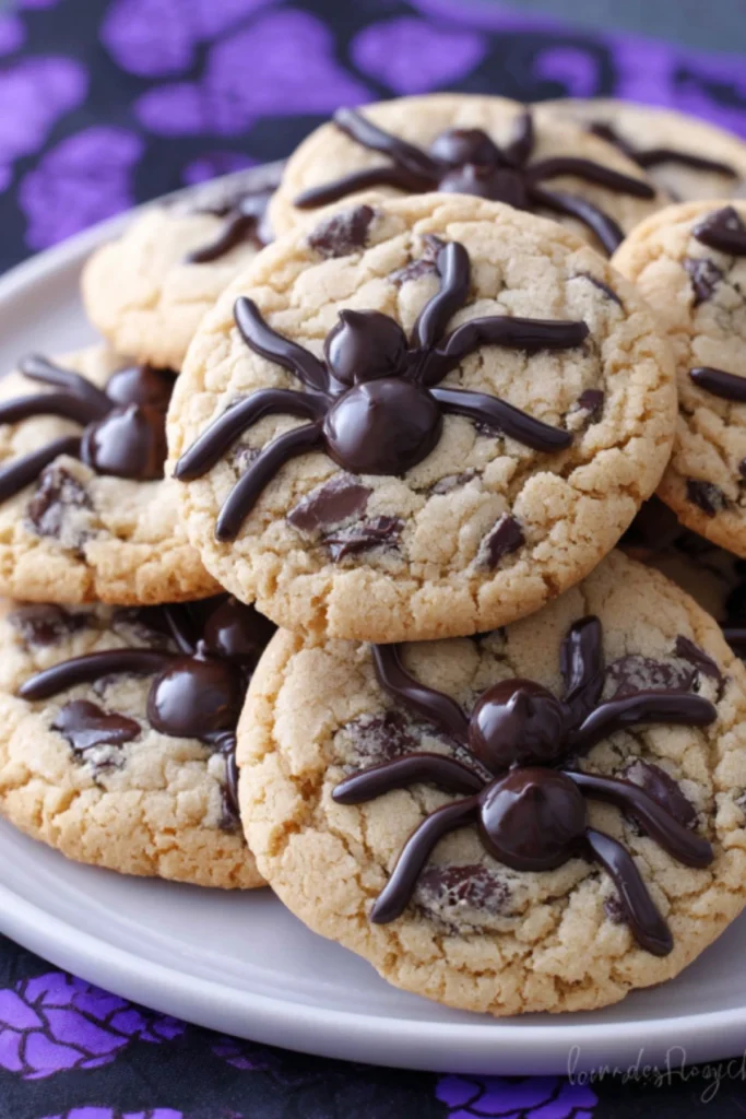 Spider chocolate crinkle cookies decorated with chocolate spider designs
