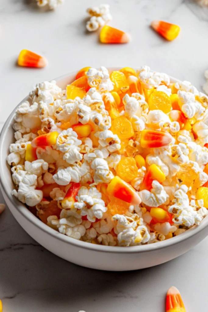 Bowl of Candy Corn Popcorn Mix with fluffy popcorn and colorful candy corn on a marble countertop