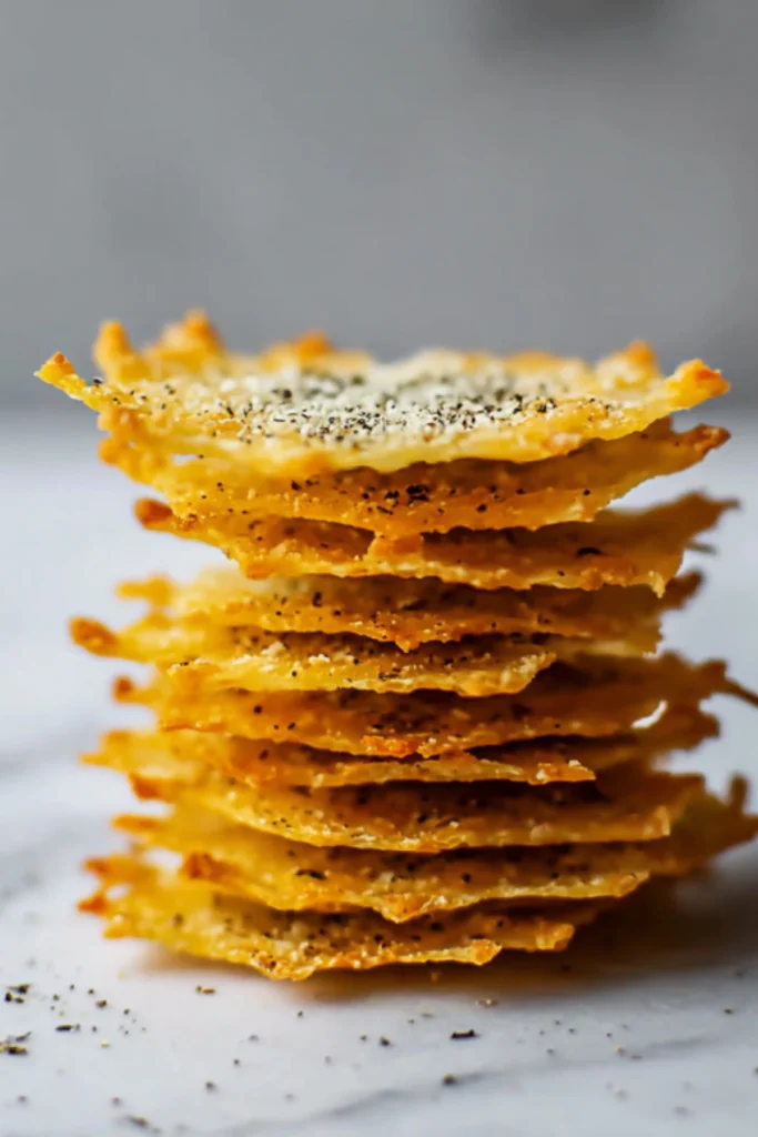 Low-Carb Halloween Cheese Crisps stacked parmesan and pecorino wafers keto appetizer with black pepper