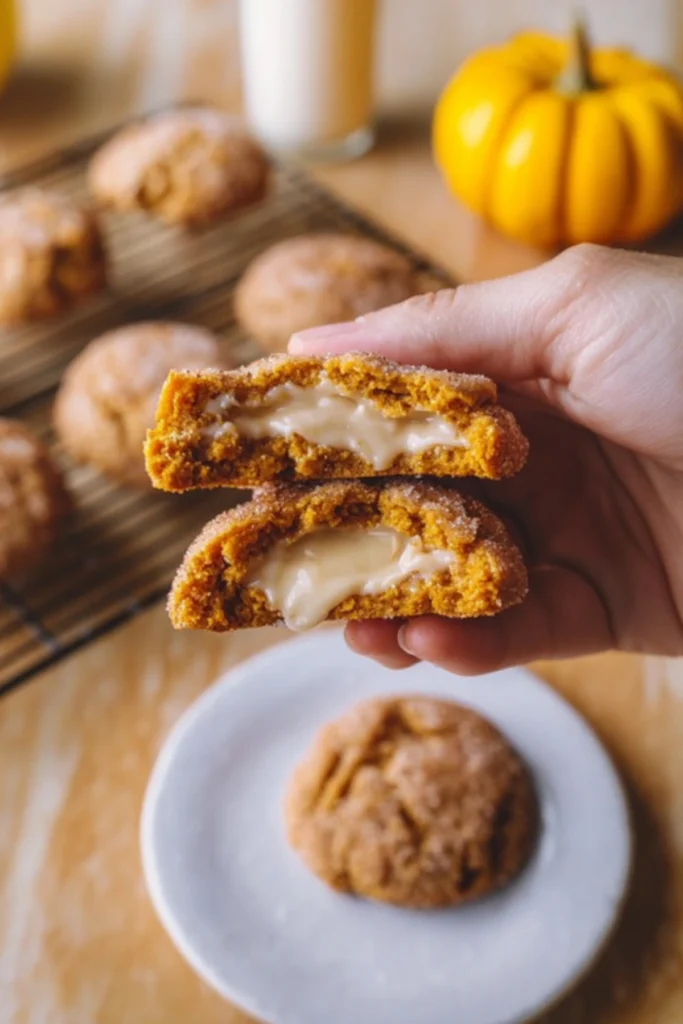 Hand holding split Keto Pumpkin Cheesecake Cookies with gooey cheesecake filling