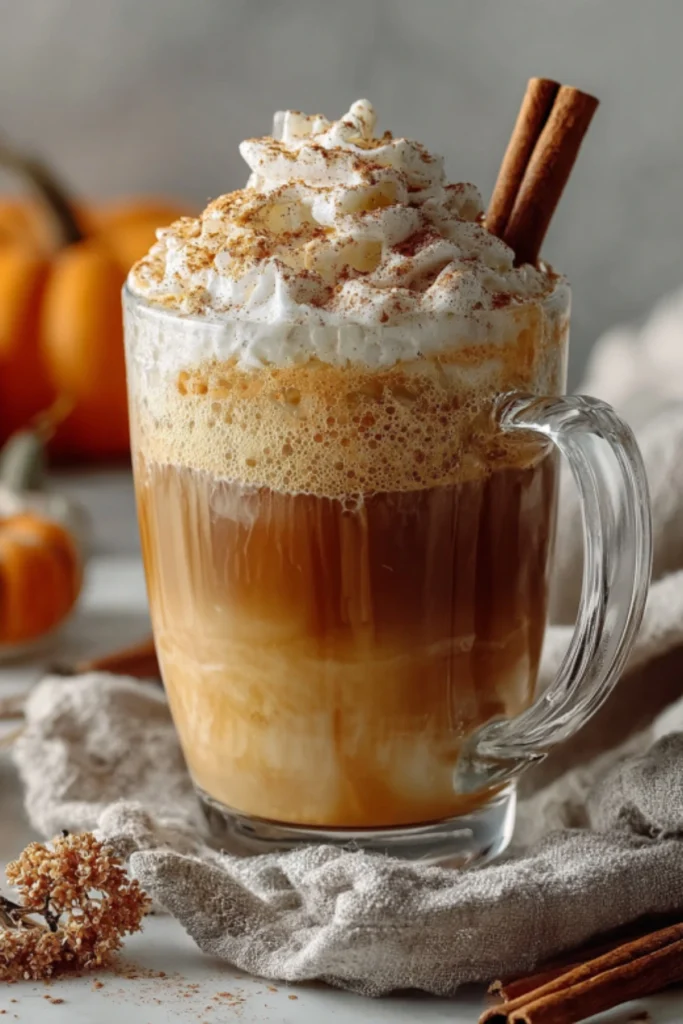Homemade pumpkin spice latte with whipped cream and cinnamon sticks, served in a clear glass mug