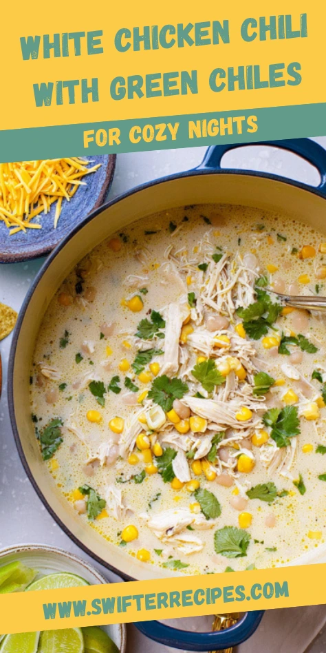 Dutch oven filled with White Chicken Chili with Green Chiles, corn, beans, cilantro, and shredded chicken