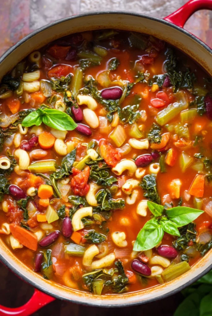 Italian Minestrone with Kale soup in a red Dutch oven with pasta, beans, carrots, celery, and fresh basil in a rich tomato broth