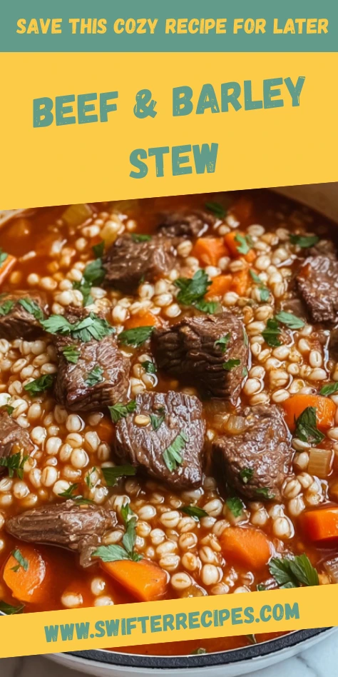 Hearty beef and barley stew with tender beef cubes, carrots, and pearl barley in a savory tomato broth garnished with parsley