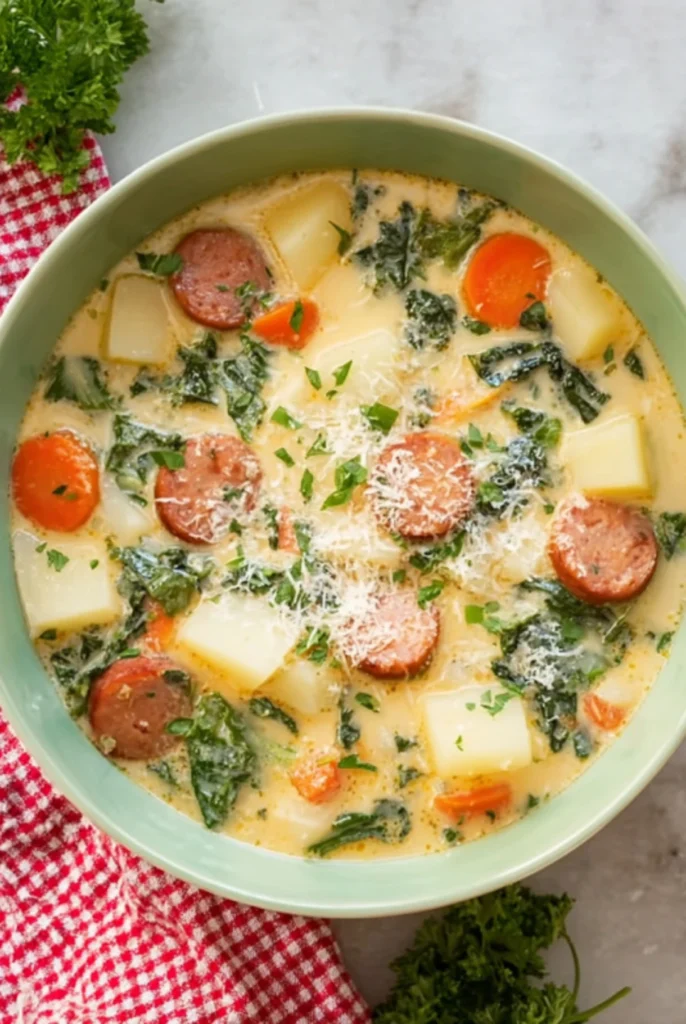 Green bowl of creamy sausage, potato, and kale soup with carrots and Parmesan garnish