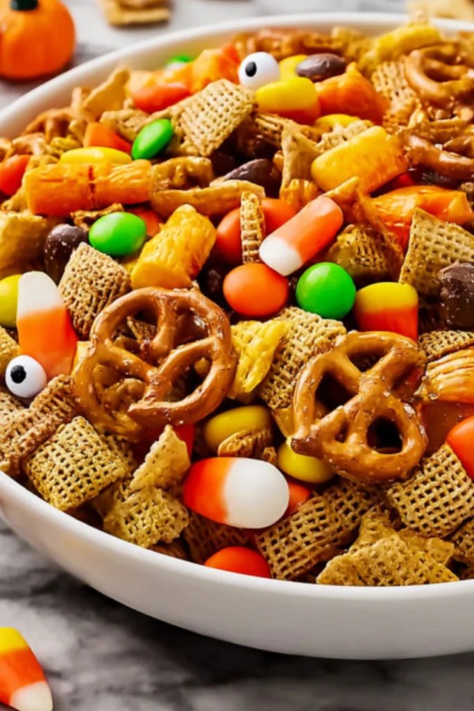 Close-up of Halloween Harvest Snack Mix with Chex cereal, pretzels, candy corn, pumpkins, Reeseās Pieces, and candy eyeballs in a white bowl.