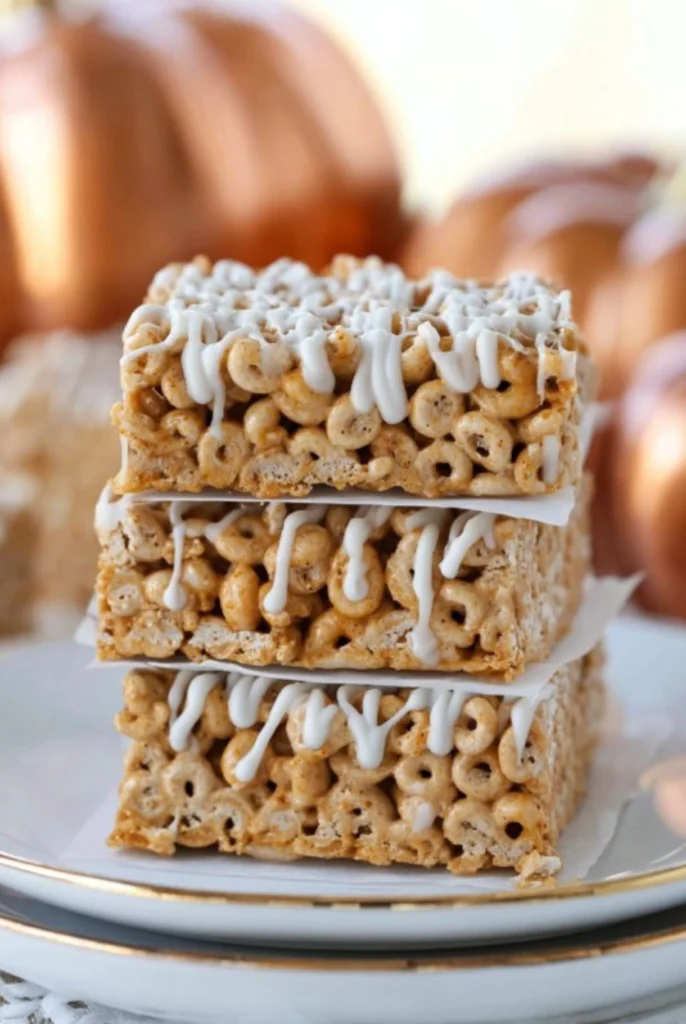 Stacked Butterscotch Pumpkin Cheerio Treat Bars drizzled with white chocolate