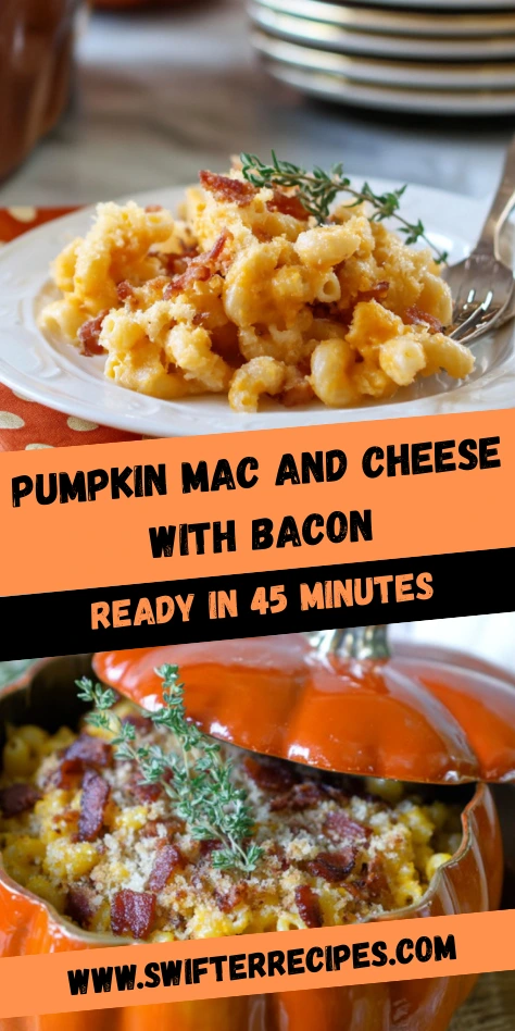 Pumpkin Mac and Cheese with Bacon served in a pumpkin-shaped dish and plated with crispy bacon, thyme garnish, and fall-inspired styling