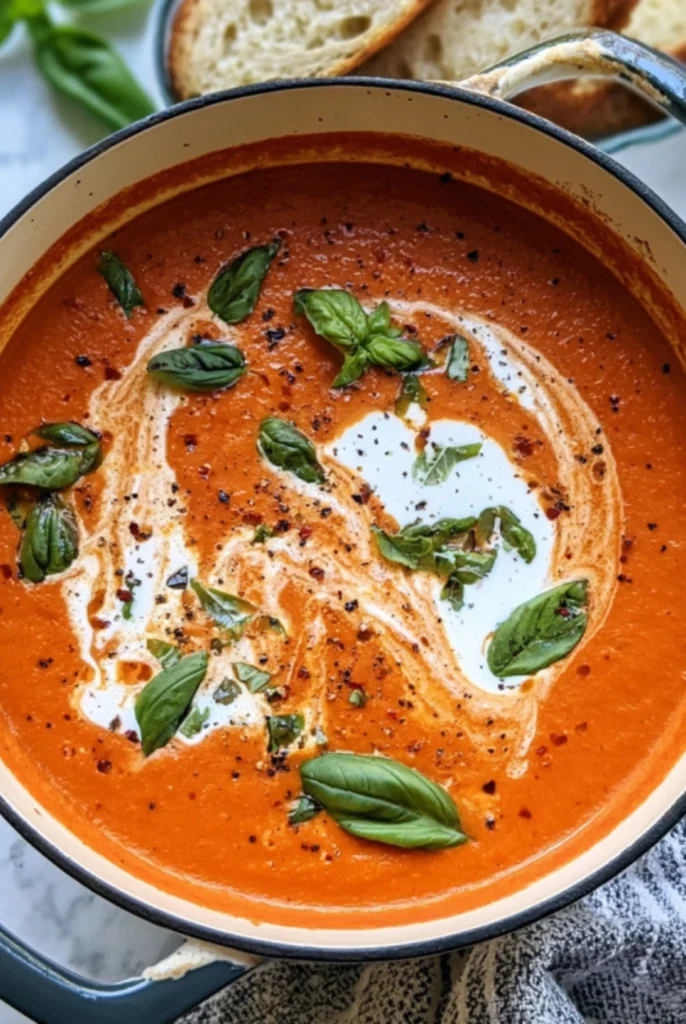 Creamy Tomato Basil Soup with Fresh Basil and Creamy Swirl