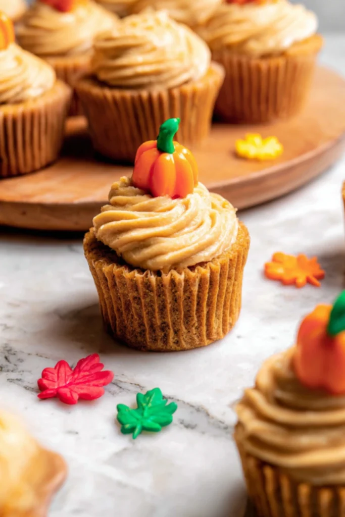 Pumpkin cupcakes topped with spiced cream cheese frosting and colorful mini pumpkin decorations, perfect for fall celebrations.