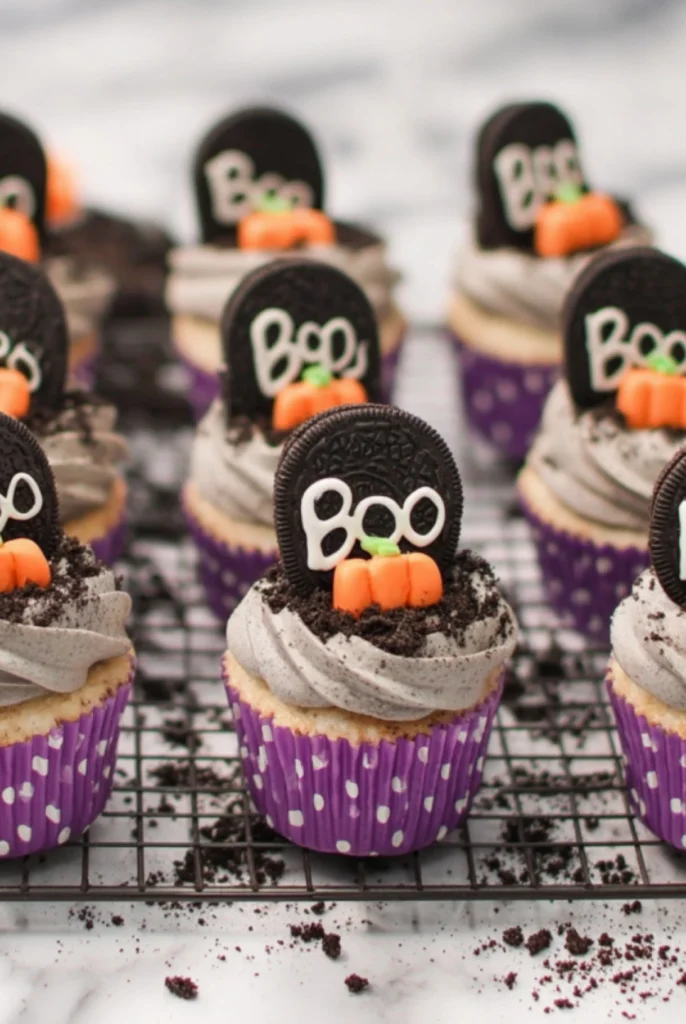 Halloween cupcakes with Oreo tombstones, mini pumpkin decorations, and cookie crumbs in purple polka dot liners.