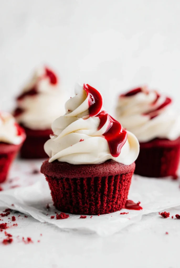 Halloween Red Velvet Cupcake topped with cream cheese frosting and raspberry drizzle, spooky dessert perfect for Halloween parties
