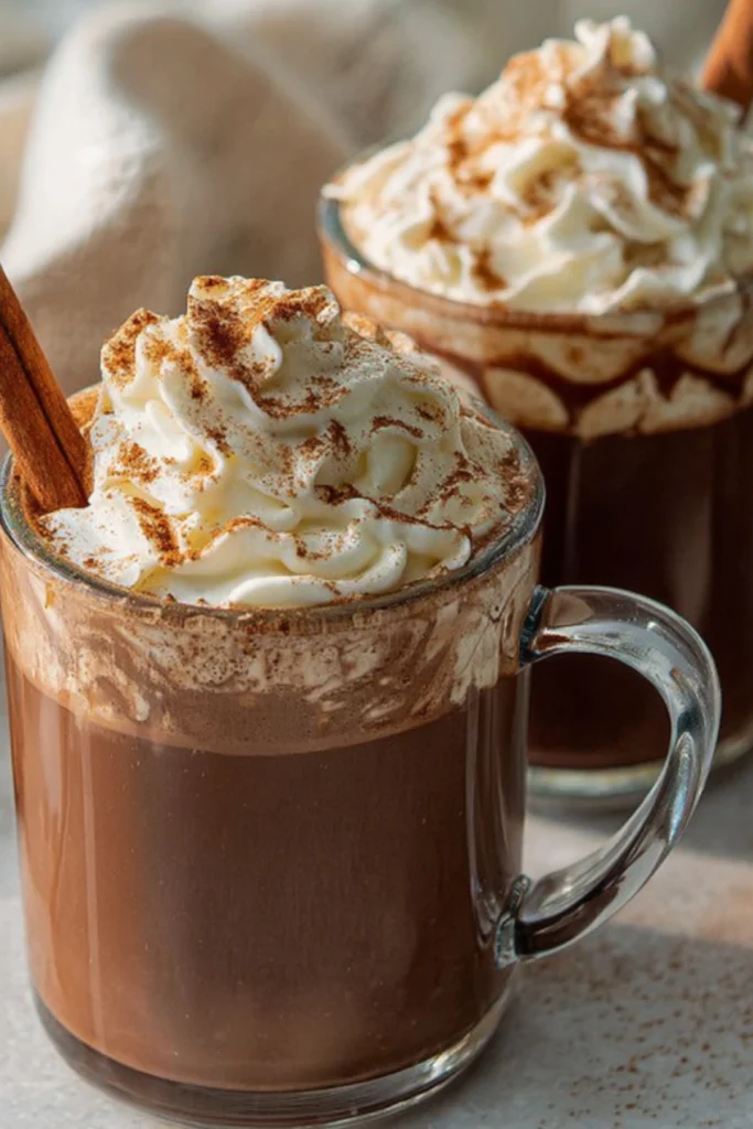 Close-up of Pumpkin Spice Hot Chocolate with whipped cream, cinnamon, and cinnamon sticks, a perfect fall indulgence.