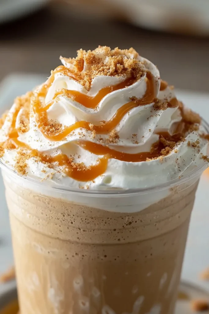 Close-Up of PSL Frappuccino Topped with Whipped Cream, Caramel, and Crumbled Cookies