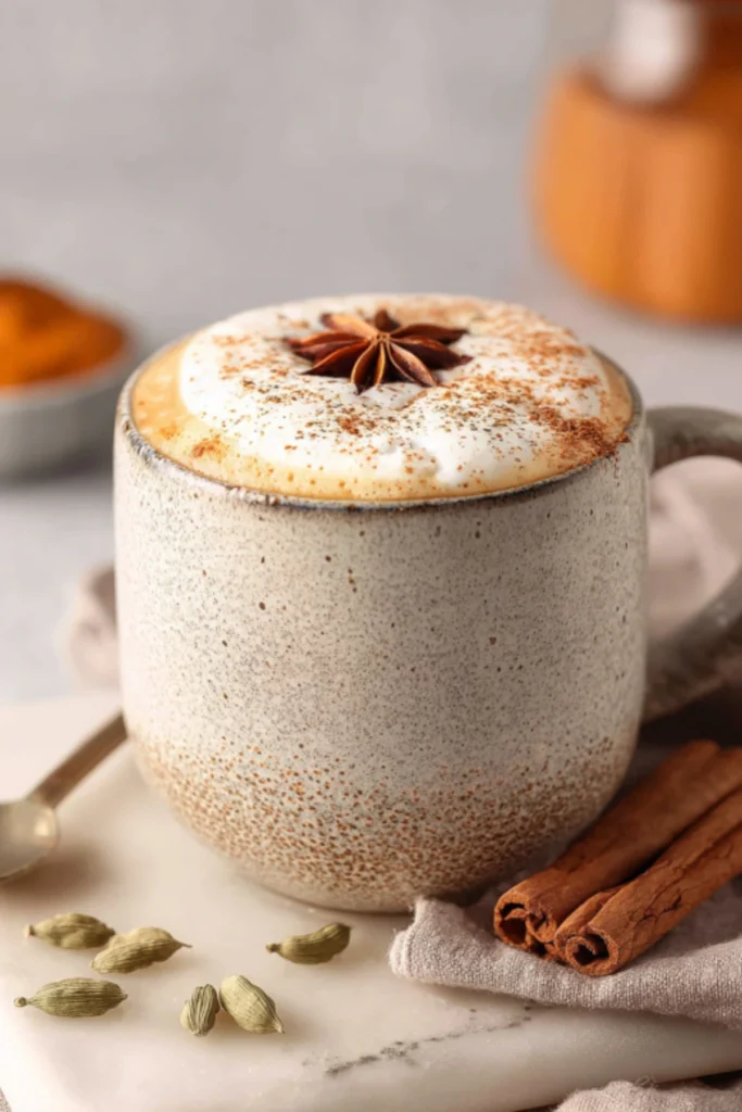 Pumpkin Spice Chai Latte Topped with Star Anise, Cinnamon, and Cardamom