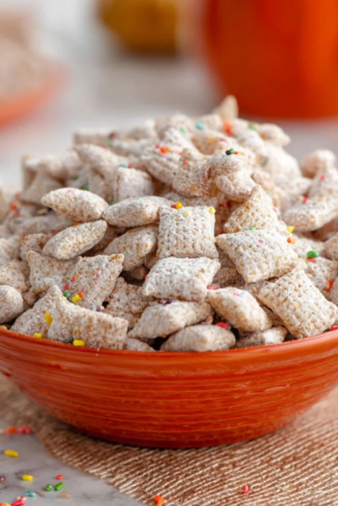 Pumpkin Spice Puppy Chow with Colorful Sprinkles