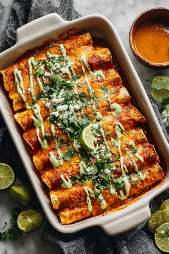 Pumpkin Black Bean Enchiladas with Avocado Crema, Cilantro, and Lime