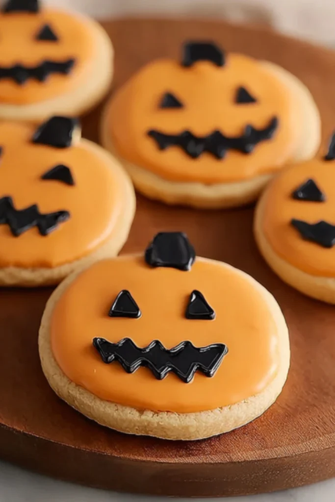 Orange sugar cookie pumpkins with black chocolate jack-o-lantern faces on wooden cutting board - easy Halloween cookie recipe with glossy orange coating