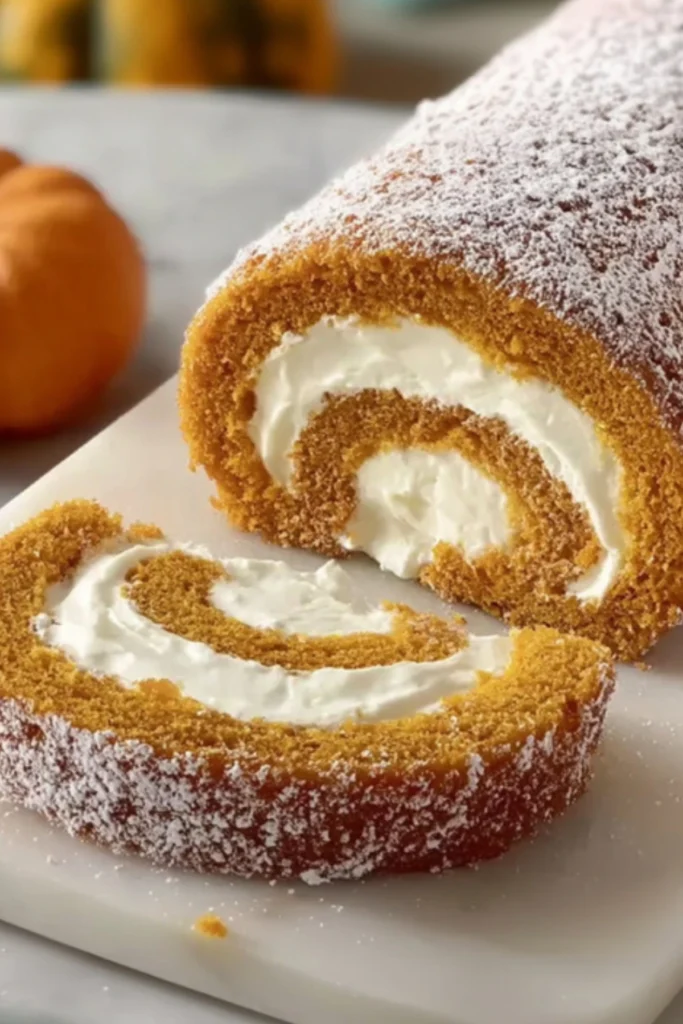 Sliced pumpkin roll cake filled with creamy cream cheese frosting and dusted with powdered sugar, a perfect fall dessert.