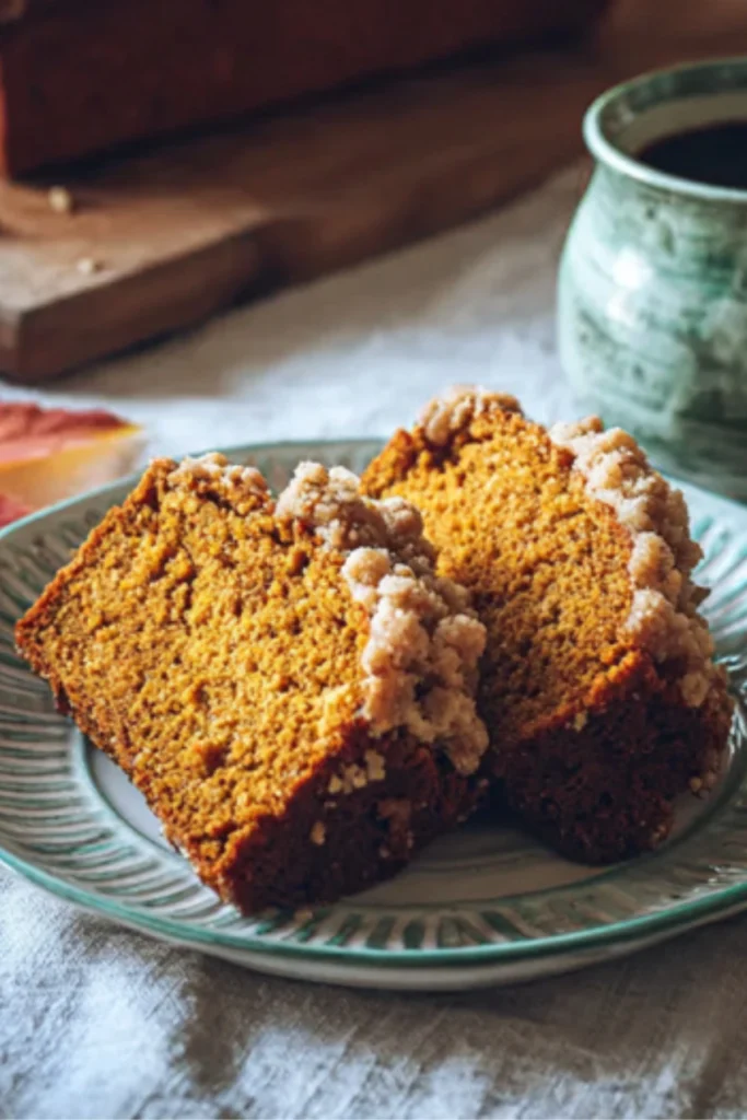 Pumpkin Streusel Bread Slices with Crumb Topping on a Plate