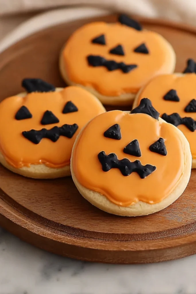 Pumpkin-shaped orange sugar cookies decorated with black jack-o’-lantern faces
