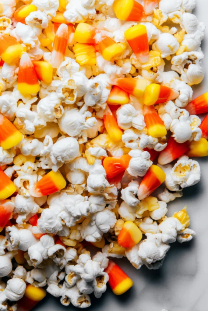 Close-up of Candy Corn Popcorn Mix with fluffy popcorn and bright orange candy corn on a marble background