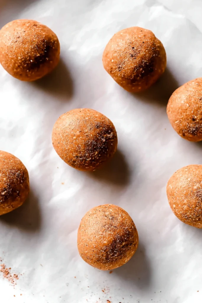 Keto pumpkin fat bombs rolled in pumpkin spice and cinnamon on parchment paper