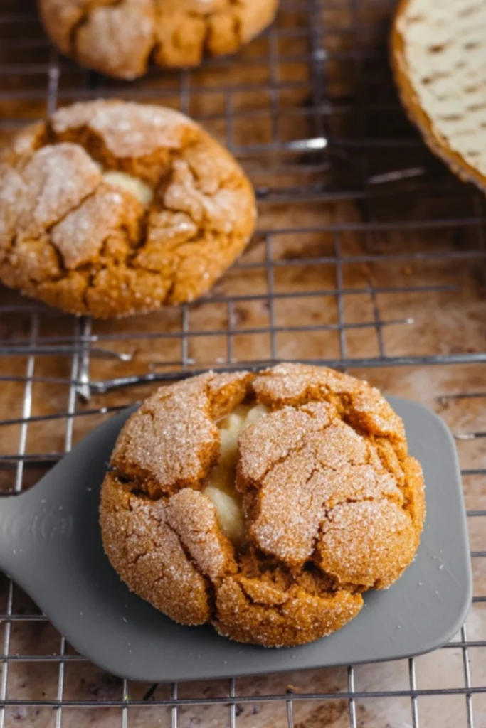 Keto Pumpkin Cheesecake Cookies cooling on rack with cheesecake filling showing